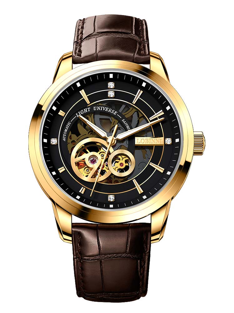 Lobinni Skeleton Design Leather Band Automatic Watch Mechanical 42mm.