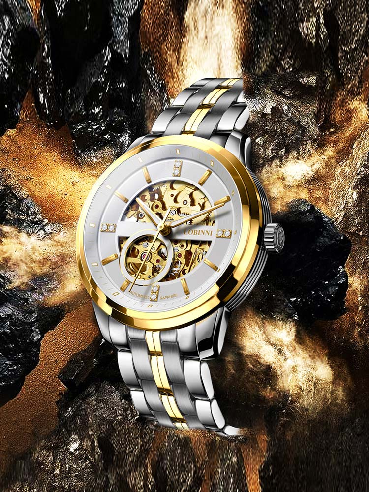 Lobinni Waterproof Business Men Mechanical Watch With Skeleton Design 42mm.