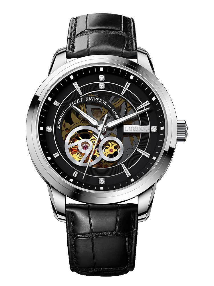 Lobinni Skeleton Design Leather Band Automatic Watch Mechanical 42mm.