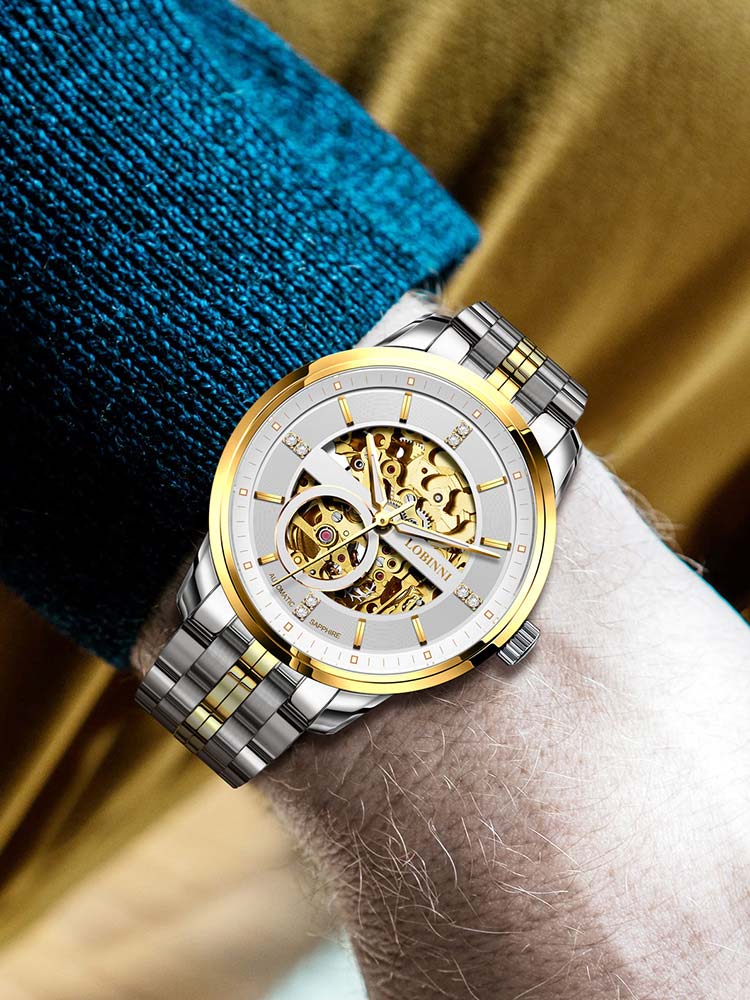 Lobinni Waterproof Business Men Mechanical Watch With Skeleton Design 42mm.