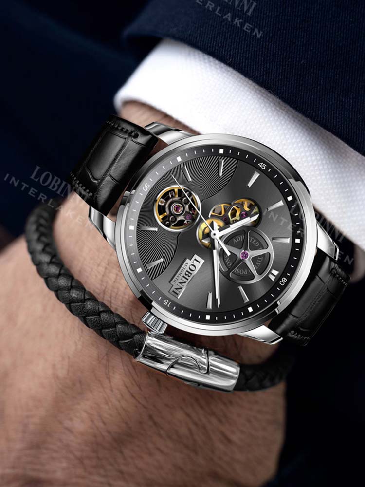 Lobinni Skeleton Men's  Leisure Leather Watches 42mm.