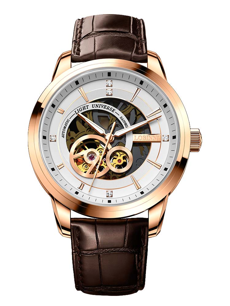 Lobinni Skeleton Design Leather Band Automatic Watch Mechanical 42mm.