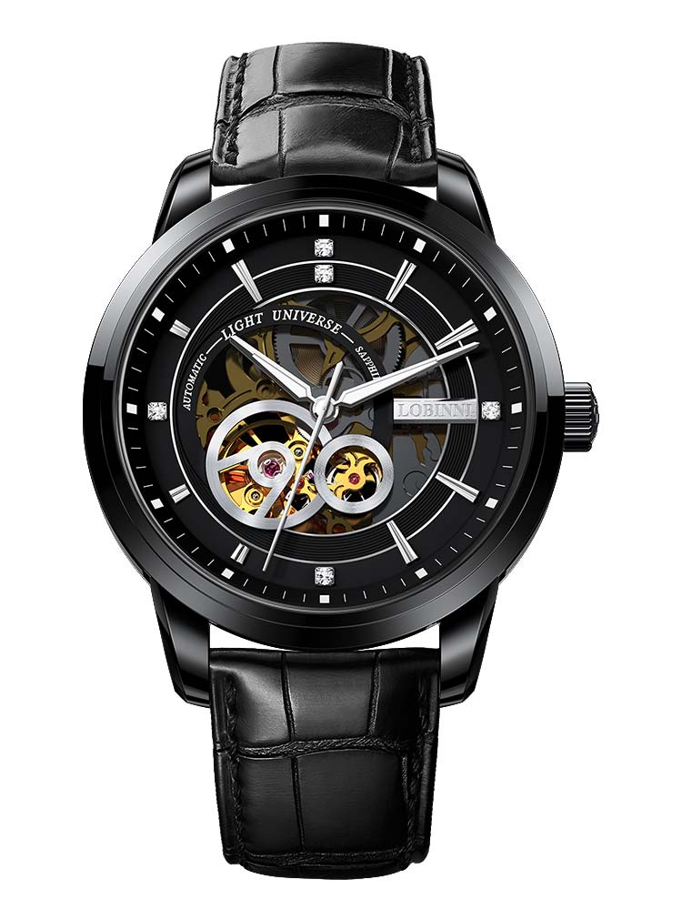 Lobinni Skeleton Design Leather Band Automatic Watch Mechanical 42mm.