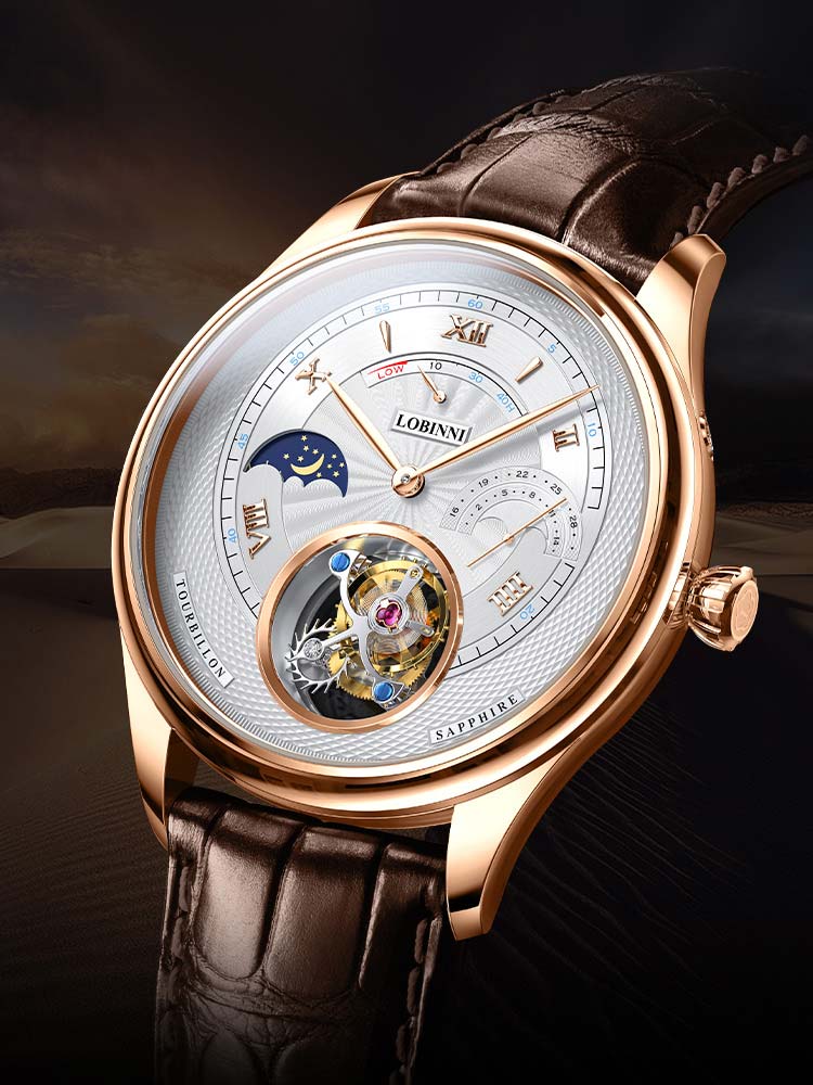 Lobinni Leather Tourbillion Wristwatches For Men 41mm.