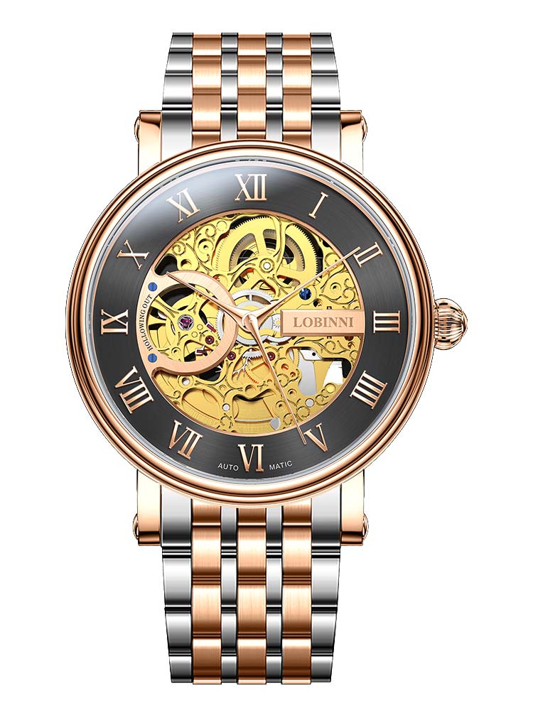 Lobinni Waterproof Skeleton Auto Movement Wristwatches For Men 40.5mm.