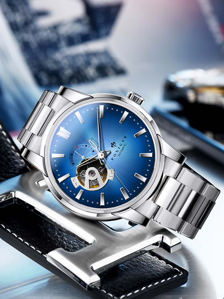 Poniger Hollow Out Modern Luxury Stainless Steel Wrist Watch 42mm.