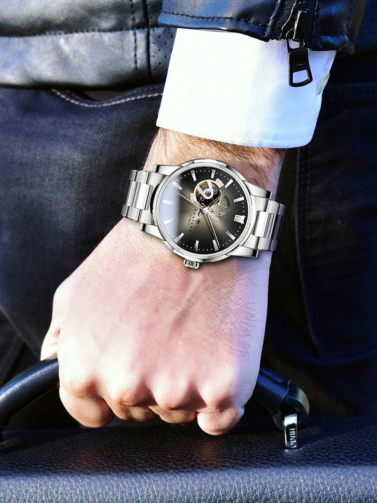 Poniger Hollow Out Modern Luxury Stainless Steel Wrist Watch 42mm.