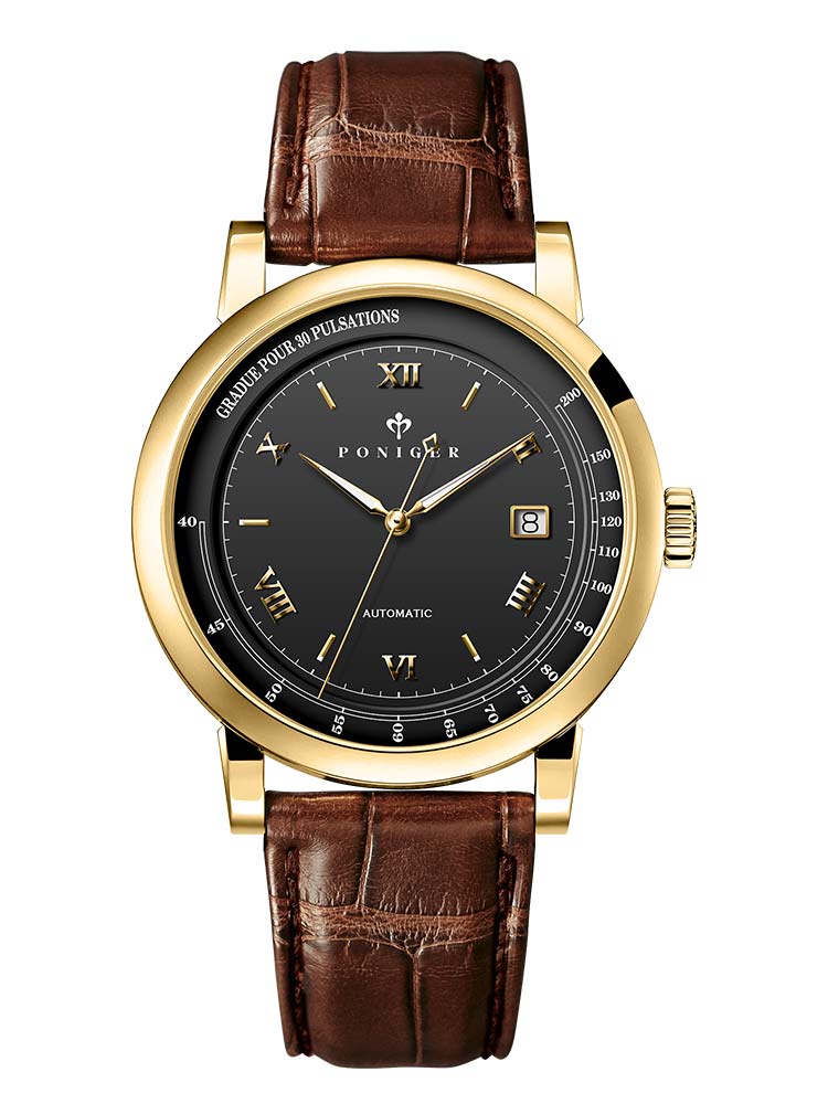Poniger Men Leather Strap Mechanical Wrist Watch 41.5mm.