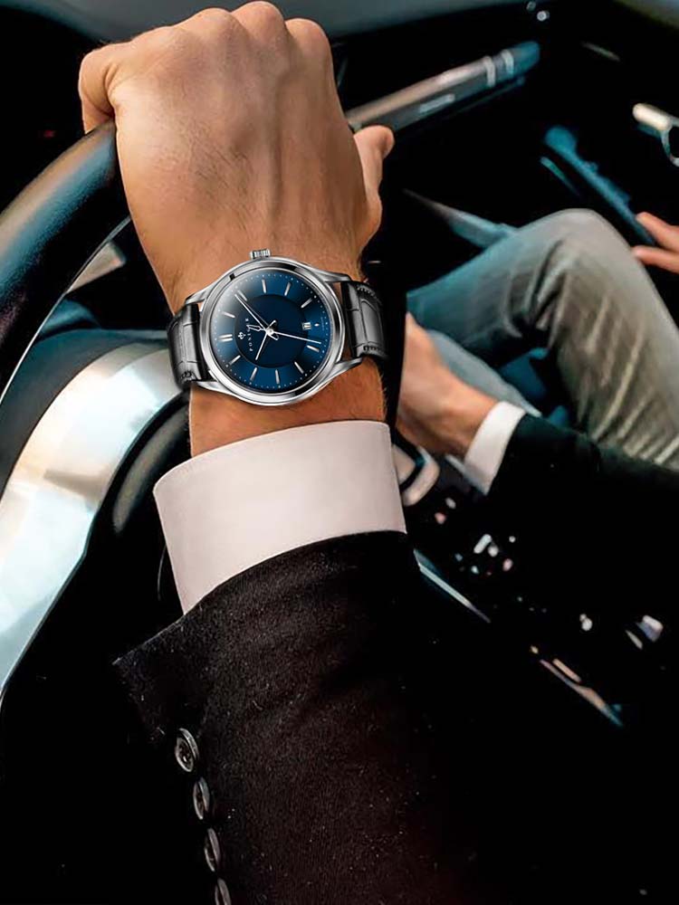 Poniger Simple Style Blue Automatic Watches With Leather Strap 42mm.