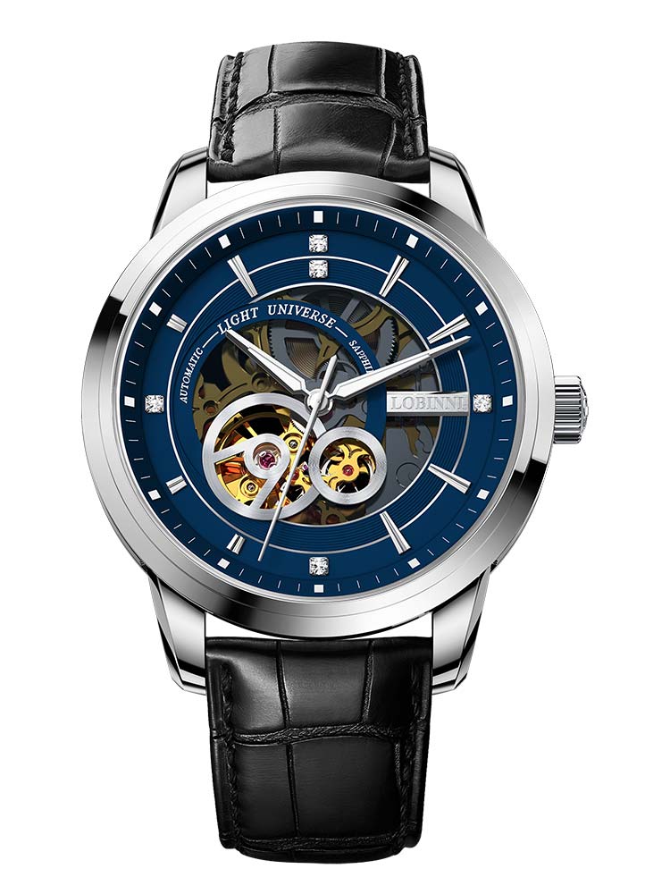 Lobinni Skeleton Design Leather Band Automatic Watch Mechanical 42mm.